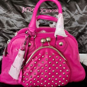 NWT Deep Fuchsia Vintage Leather Betsey Johnson Studded Satchel